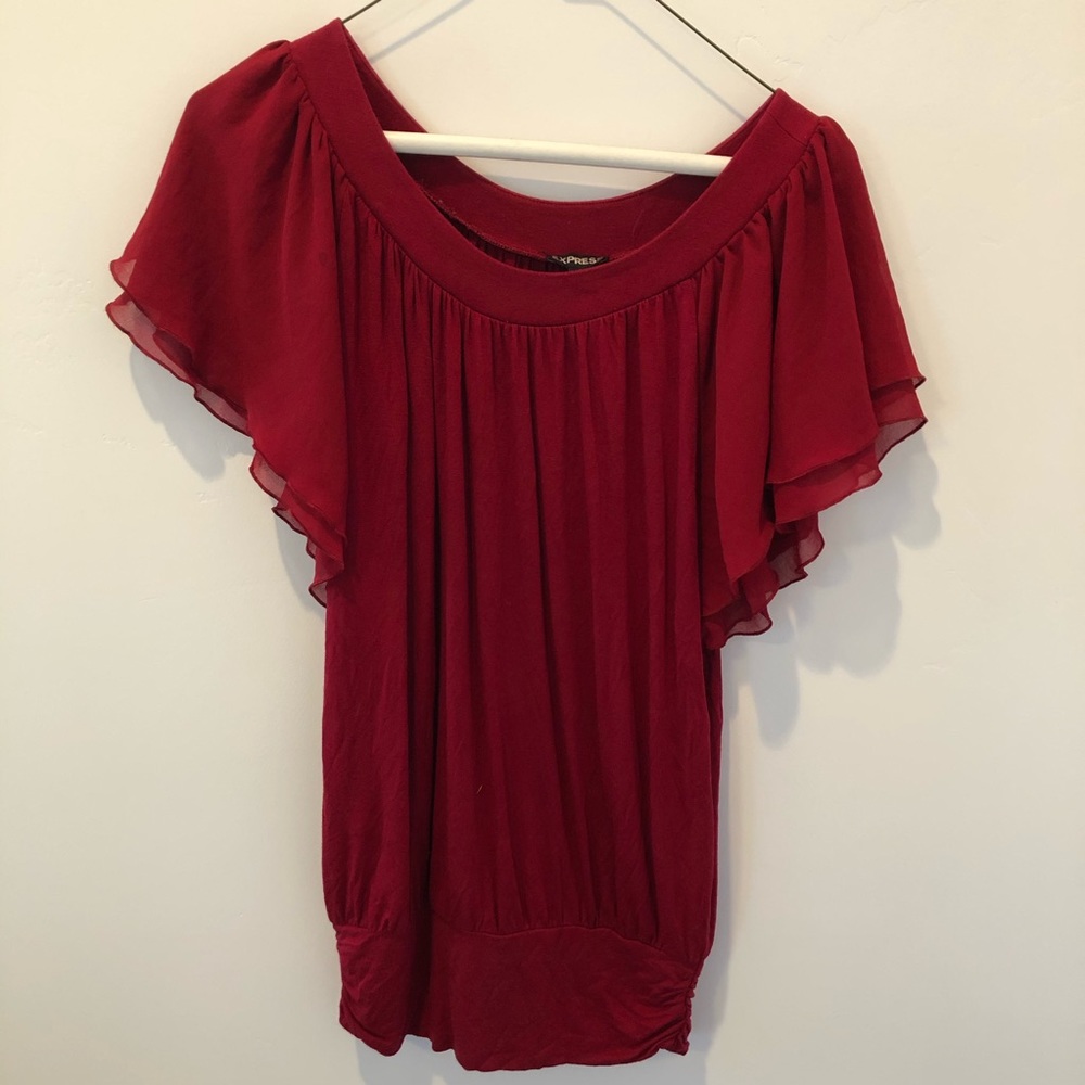 Express Red Ruched Scoop Neck Hemmed Shirt Sz XS